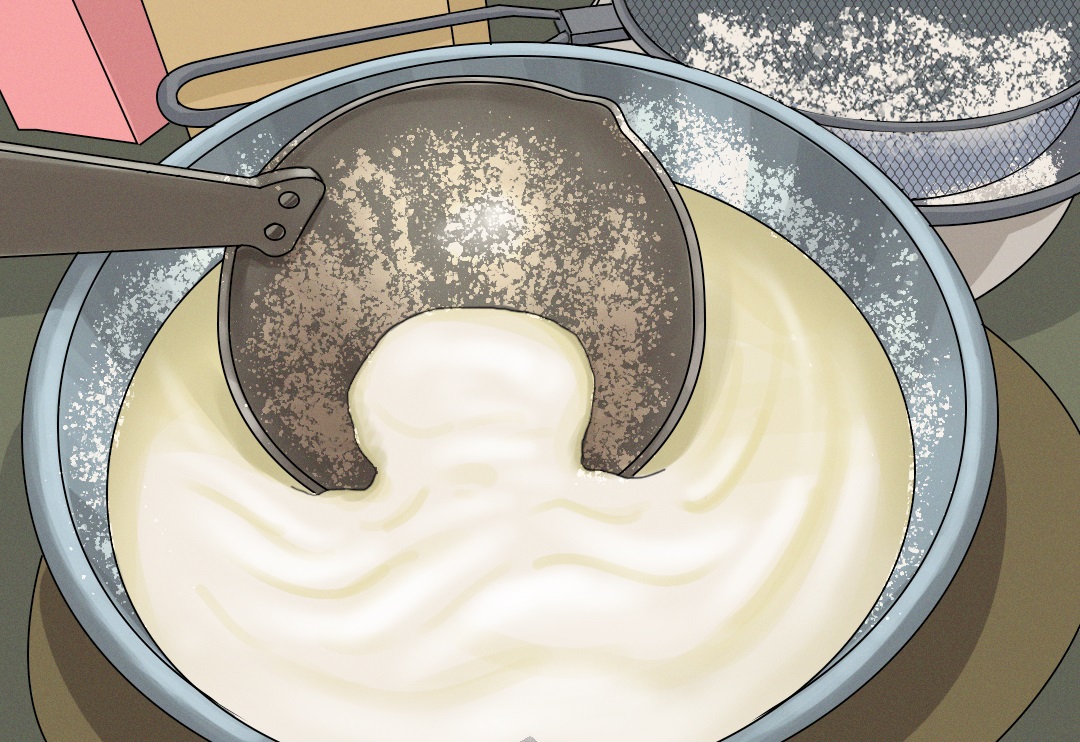 illustration of skimming of milk from goat milk using ladle